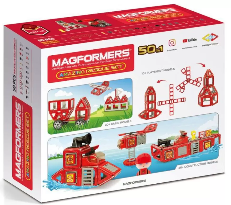 Magformers Magnetlegetøj & Magnetbyggesæt< 50 Stk - Brandstation Og Koretojer